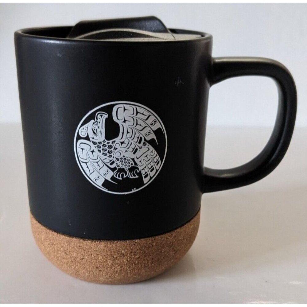 New Debco Travel Mug Native Design Black Brown Stoneware Cork Tight Lid 12 Oz.
